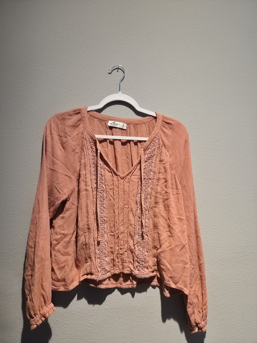 Hollister Peach Lace-Trim V-Neck Long Sleeve Blouse